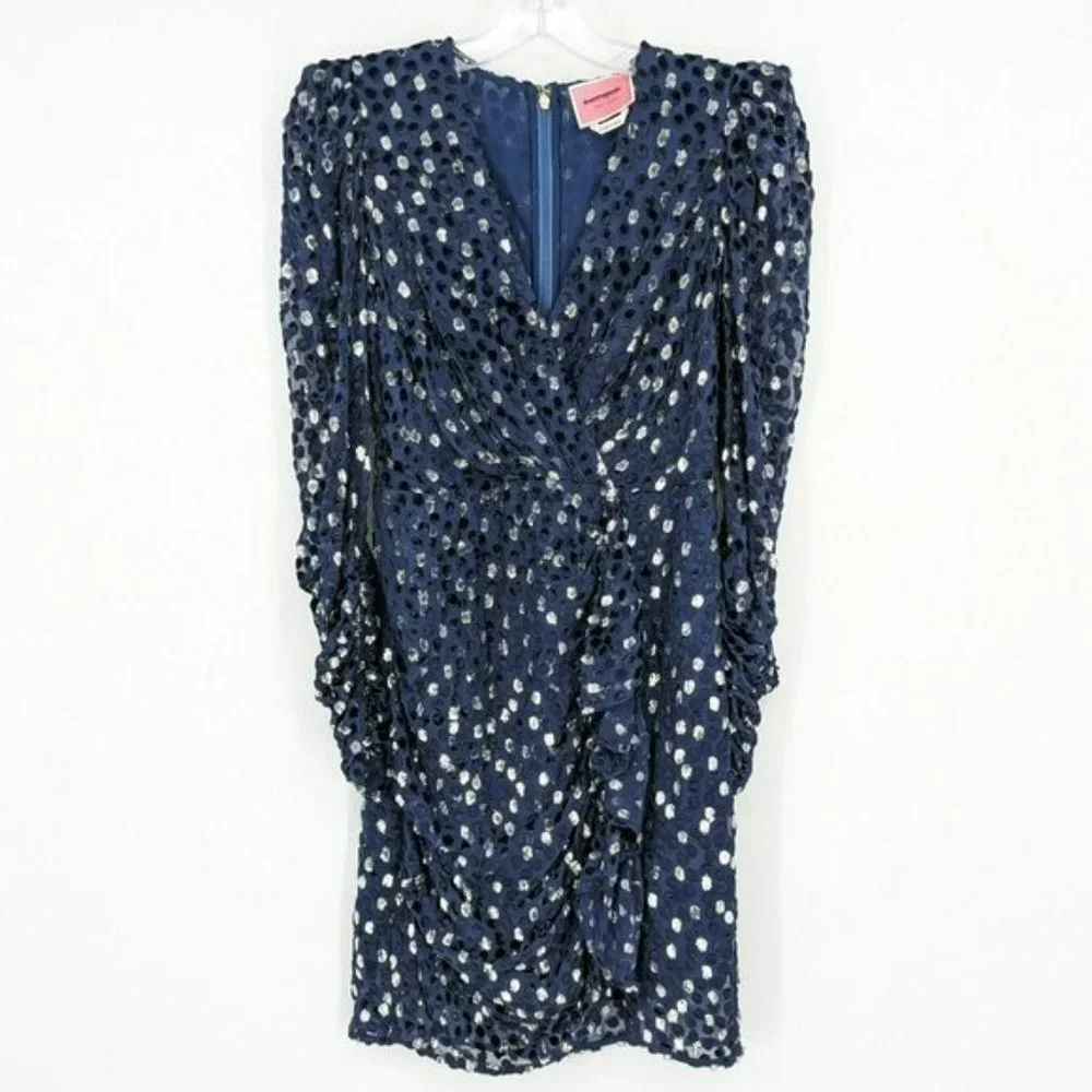 Kate Spade Scatter Dot Dress 6 Navy Silver Faux Wrap Ruffle Velvet Long Sleeve